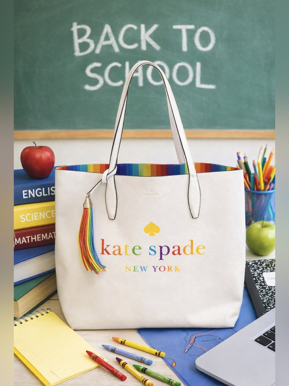 Kate Spade Reversible White Tote with Rainbow Tassel